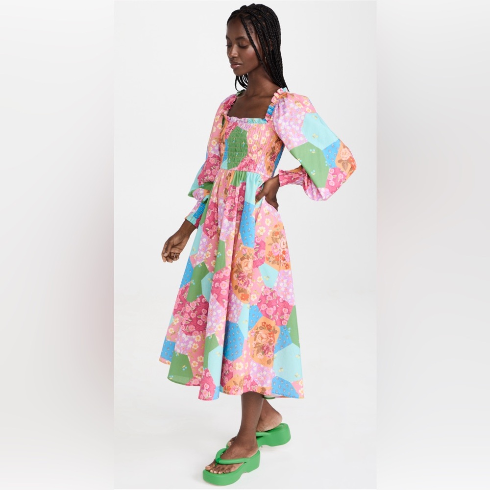 Spell Freda Shirred Midi Dress Sz medium patchwork new with out tags
